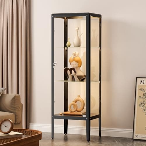 Ryoko Glass Display Cabinet with LED Light, Adjustable 3-Shelf Shelves, Curio Cabinets Metal Storage Display Case for Living Room Bedroom Office (Dark Grey)