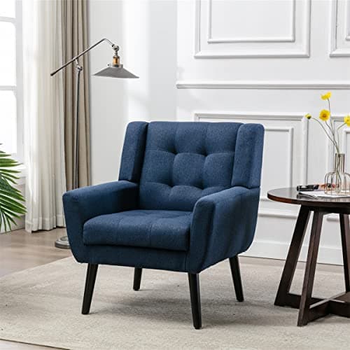 Modern Accent Chair, Soft Linen Upholstered Ergonomics Accent Chair for Adults, Living Room Armchair Single Sofa Chair with Black Legs for Living Room Bedroom, Indoor Home, Blue