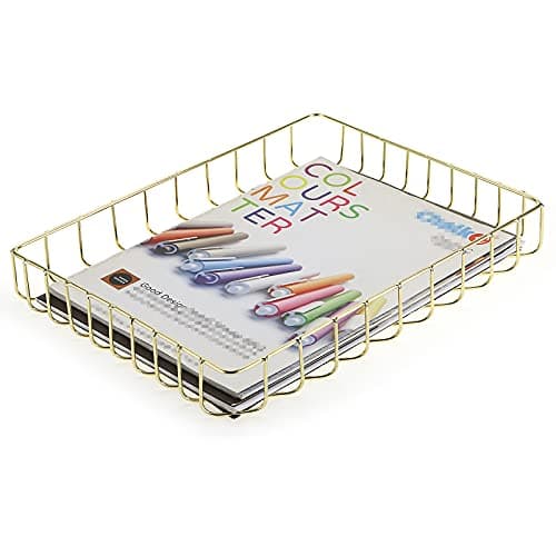BTSKY Multipurpose A4 File Tray Wire Desk Tray Organizer Elegant Letter Size Desk Documents Trays Magazine Files Storage Basket Organizer Bin for Office Cosmetics Bathroom(Gold)