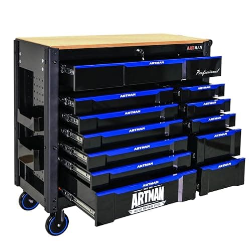 Heavy Duty Rolling Tool Chest with 12-Drawer Tool Cart Mechanic Tool Box with Wheels Tool Storage Cabinet Mobile Workbench Tool Bench for Garage, Workshop, Warehouse, Repair Shop, Wood Top