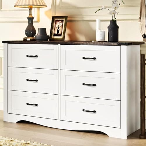 Loomie Farmhouse 6 Drawers Double Dresser for Bedroom, Modern White Dresser Chest of Drawers, Wide Dressers Organizer, Accent Storage Cabinet for Closet, Living Room, Hallway, Antique White