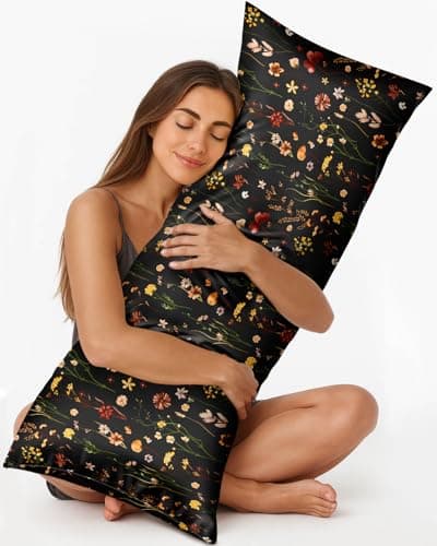 Miss Adola Silk Body Pillow Cover with Zipper - 20x54 Inch Silk Long Pillow Case for Women Ladies Adults Soft Bed Decorative Cute Boho Large Body Pillowcase Sham for Hair and Skin, Black Grow Flower
