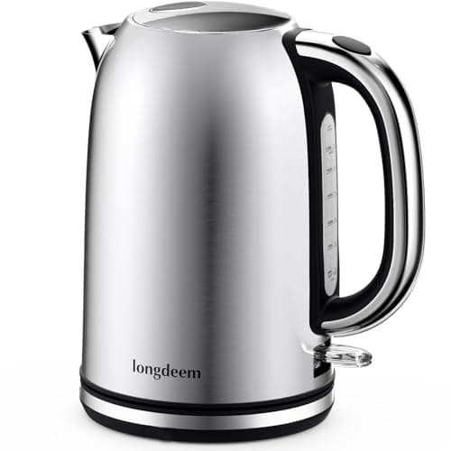 Longdeem Fast Boil Electric Tea Kettle, 1.7L Stainless Steel Water Heater, 1500W, Cordless Design with LED, Auto Shutoff & Anti-Dry Protection, Silver