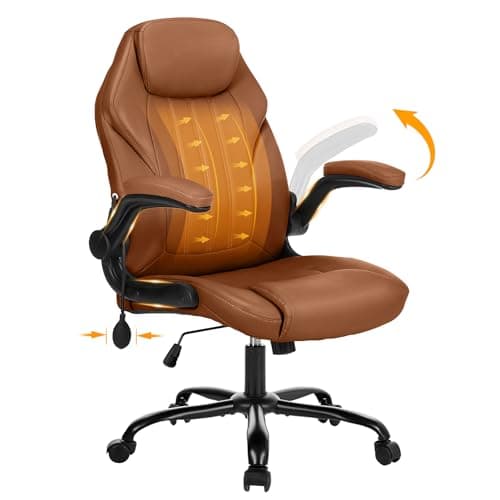 Office Desk Chair, Ergonomic Computer Chair with Padded Flip-Up Arms and Adjustable Lumbar Support, PU Leather Executive Chair with Tilt Lock and 360° Swivel Rolling Wheels for Work, Study