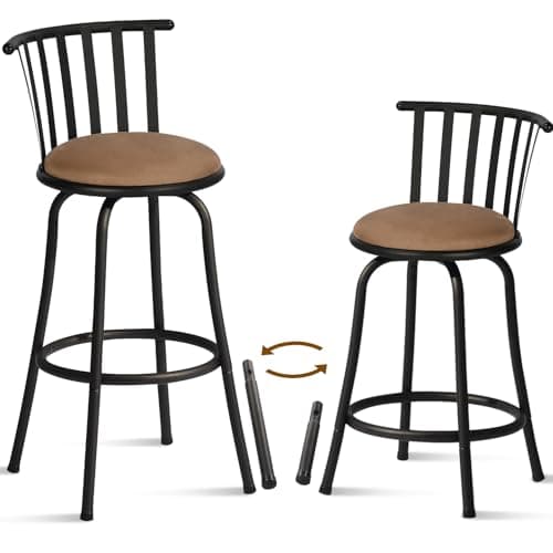 FurnitureR Adjustable Classic Barstools Set of 2, Country Style Bar Chairs with Back and Footrest Swivel Counter Height Bar Stools with Interchangeable Legs for Kitchen Island Bistro Brown/Black
