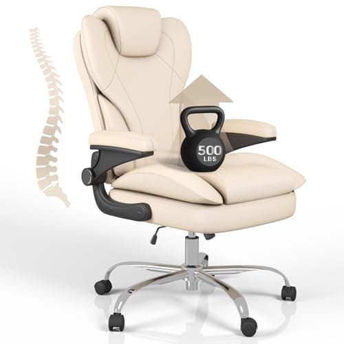 Office Desk Chair, Executive Leather Office Chair, High Back Ergonomic Home Desk Chair with Padded Flip-up Arms, Big and Tall Computer Chair with Rocking Function, 360°Swivel Free, Beige