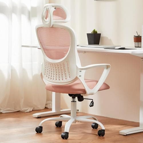 Sweetcrispy Office Computer Desk Chair, Ergonomic High-Back Mesh Rolling Work Chairs with Wheels and Adjustable Headrests, Comfortable Lumbar Support, Comfy Armrest for Home, Bedroom, Study, Pink