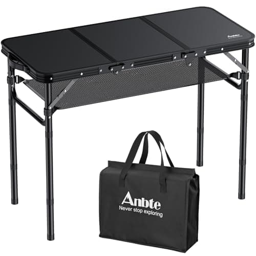 Anbte Folding Camping Table with Storage Net, 3ft Camping Table Aluminum Folding Table with 3 Adjustable Height Max 27.5 Inch Picnic Table Portable Table for Outdoor Backyard BBQ, Pure Black