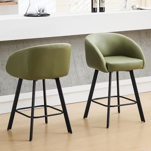 FIRAVOE Bar Stools Set of 2, 26" Swivel Counter Height Bar Stools with Back and Armrest, Faux Leather Kitchen Barstools Counter Height for Kitchen Island (2PCS Avocado Green, 26 Inch)