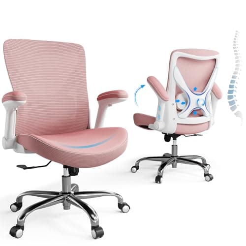 Ergalithic Office Home Ergonomic Desk Chair-Computer X-Shaped Chair Mesh PU Leather with Adjustable Lumbar Support-Executive Chair High Back Flip-Up Arms for Long Hours (Pink-No Headrest)