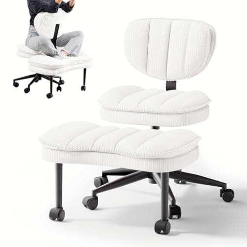 Cross Legged Office Chair, Ergonomic Cloud Criss Cross Desk Chair, Meditation Chair with Wheels, Height Adjustable Seat for ADHD, Wide Kneeling Chair with Back Support, Corduroy Fabric, White
