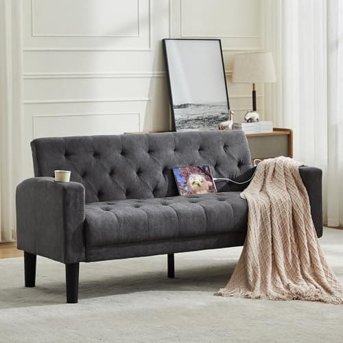 TYBOATLE 62" W Loveseat Sofa w/ 2 USB Charger Ports and 2 Cupholders, Mid-Century Modern Tufted Linen Fabric Small Love Seat Couches for Compact Living Room, Bedroom, Apartment, Dorm (1, Dark Grey)
