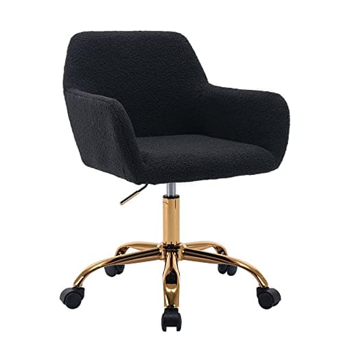 KCC Faux Fur Office Desk Chair, Comfy Swivel Armchair with Wheels, Upholstered Fuzzy Vanity Chair, Adjustable Seat Height, Black