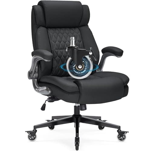 High Back Office Chair with Locking Wheels, Large Executive Desk Chair, Flip Arms Adjustable Lumbar Support, Ergonomic Synthetic Leather Computer Chair Prevents Cats Scratching, Thick Padded, Black