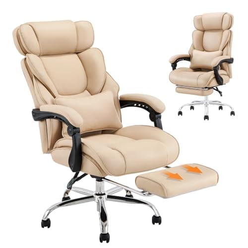 COLAMY Office Chair with Retractable Footrest, Ergonomic High Back Design Executive Computer Desk Chair with Removable Lumbar Pillow, 90-135°Reclining, Thick Bonded Leather for Home Office Work, Khaki