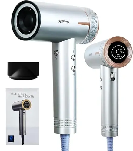 Hair Dryer, 160,000 RPM High Speed Fast Drying Low Noise Professional Ionic Blow Dryer with Magnetic Nozzle, HD Display for Salon Travel Home Use