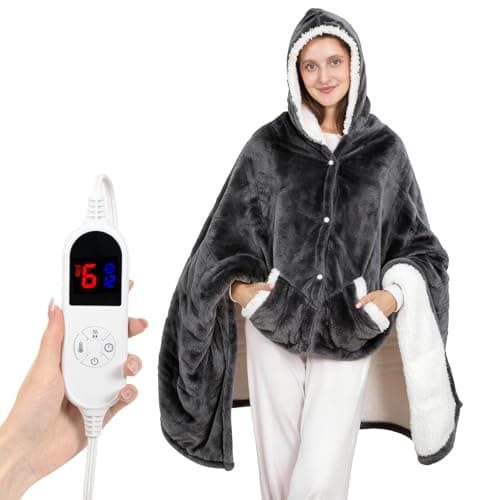 DAILYLIFE Wearable Heated Blanket, 40"x70" Eletric Throw with 6 Heating Levels and 12 Hours Timer, Heated Wrap Poncho Shawl & Hoodies with Pockets, Machine Washable with ETL Certification, Gray