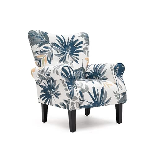 YOLENY Modern Accent Chair,High Back Armchair,Upholstered Fabric Button Single Sofa with Wooden Legs for Living Room,Bedroom,Blue Leaves