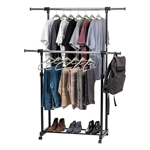IRIS USA Portable Double-Rod Height Adjustable Clothes Rack with Extendable Bar and Lockable Wheels, Rolling Garment, Double Rod Wardrobe Rack, Easy Assemble, for Clothes, Belts, Shoes, and Bags