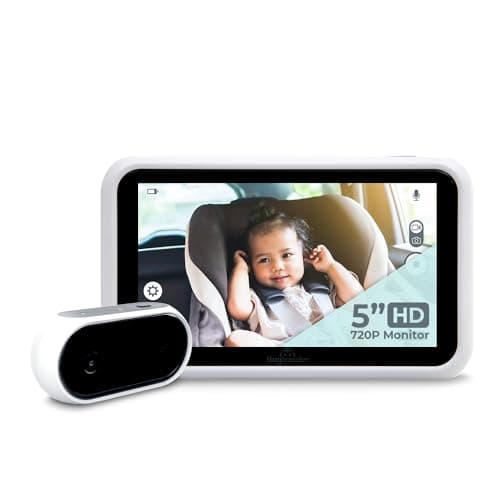 Tiny Traveler 5” HD Touch Screen Baby Car Monitor – Hackproof, No WiFi Baby Camera for Travel Home – Rear-Facing Car Seat Monitor with Night Vision Headrest or Clamp Mount Baby Reminder Alert White