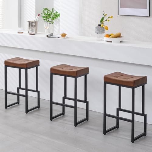 FIRAVOE Bar Stools Set of 3, 28" Counter Height Bar Stools, Faux Leather Barstools for Kitchen Island, Backless Saddle Stools with Metal Legs (Dark Brown, 3PCS 28" Bar Stools)