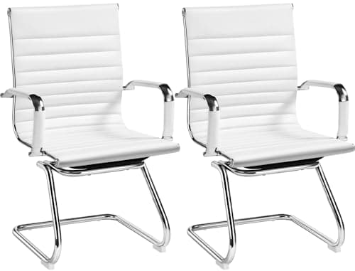 Yaheetech Faux Leather Office Reception Chair Without Wheels Mid Back Ergonomic Guest Chairs for Conference Reception Room Waiting Room, Set of 2 White