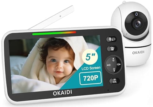 OKAIDI 5 Inch 720P HD Baby Monitor with Camera and Audio, 5000mAh Battery, Remote Pan-Tilt, 3X Zoom, 1000ft Baby Monitor NO WiFi, Night Vision, 2-Way Talk, Temperature, Lullabies