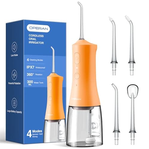 Operan Water Flossers for Teeth Cleaning, Upgraded 300ml Cordless Water Dental Flossers Portable Rechargeable Oral Irrigator with 4 Modes 4 Jet Tips IPX7 Waterproof for Home Travel, Orange