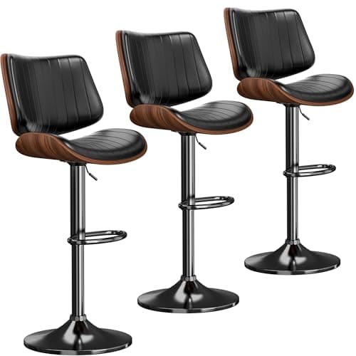 REONEY Swivel Bar Stools Set of 3, Adjustable Bentwood Barstools for Kitchen Counter, Modern PU Leather Upholstered Bar Chair with Back and Footrest, for Kitchen Island, Bar, Dining Room, Black