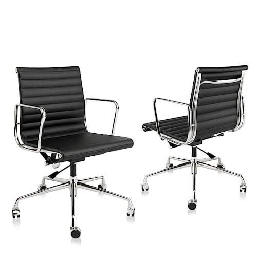 OTDMEL Ribbed Office Chair with Top Grain Leather - Mid Back Ergonomic Desk Chair with Aluminum Arm Rest and 5-Star Base, Swivel Chairs Black