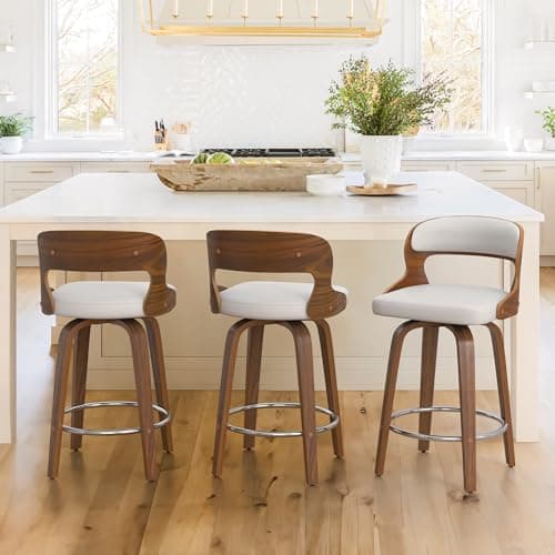 Cozyman 26" Counter Height Bar Stools, Mid Century Bar Stools with Solid Back, Barstools with Walnut Finish and Faux Leather Seat, 360-degree Swivel Bar Stools Set of 3, White