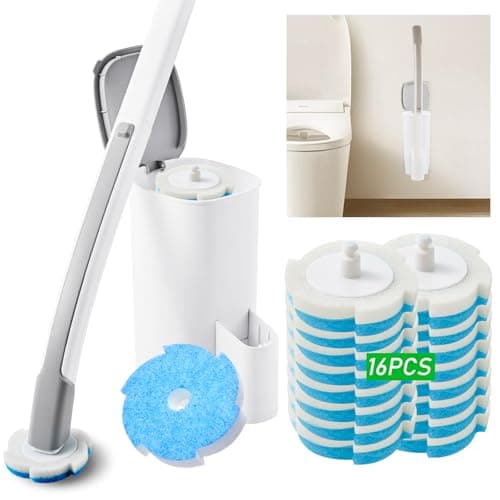 Disposable Toilet Brush and Holder Set with 16 Refills, Toilet Bowl Brush Cleaner Long Handle Wand, Compact Bathroom Toilet Scrubber Cleaning Supplies Wall Mounted for Bath Tub Sink Washbasin, White