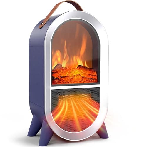 Riseon Portable Electric Fireplace Heater, 1500W/750W Mini Space Heater for Indoor Use with 3D Flame, Thermostat, Carry Handle, Overheat & Tipover Protection, for Home Office Bedroom Desk, Blue