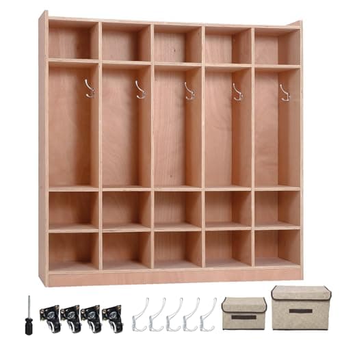 Garvee 5-Section Classroom Coat Locker, 15 Cubbies for Classrooms with Anti-tip Anchors, Daycare Cubby with 4 casters, 5 Hooks and 2 Storage Boxes, for Home/School/Kindergarten