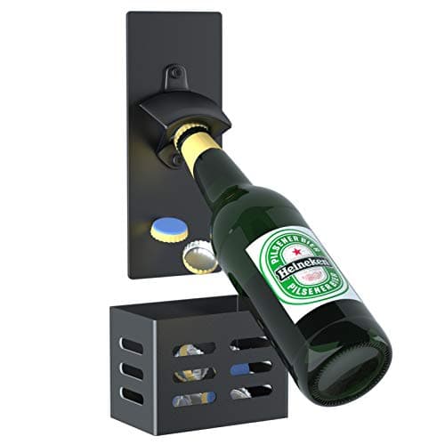 Weallbuy Magnetic Bottle Opener with Cap Catcher, Man Cave Accessories Removable Wall Mounted Beer Bottle Opener for Kitchen Fridge, Beer Gifts for Men (black)
