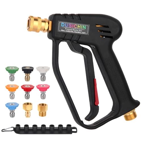 DUSICHIN Short Pressure Washer Gun 4000 PSI High Power Washer Spray Gun 1/4" Quick Connector with 7 Pressure Washer Nozzle Tips, 3/8'' Quick Connect, M22-14mm and M22-15mm Fitting(Gun+Nozzles) DUS4001