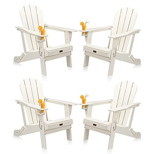 VINGLI Plastic Adirondack Chairs Set of 4, Folding with Cup Holder, Waterproof HDPE Material, Comfortable 380lb Weight Capacity for Outdoor Pool Patio Lounge Chair Lawn Furniture Firepit (White)