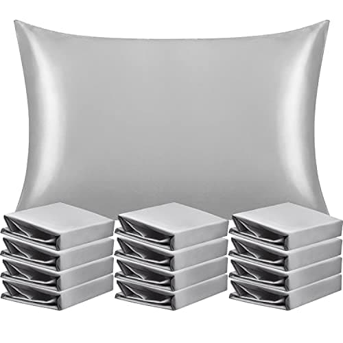 NTBAY 12 Pack Satin Standard Pillowcases for Hair and Skin, Luxurious and Silky Pillow Cases with Envelope Closure, 20 x 26 Inches, Silver Grey