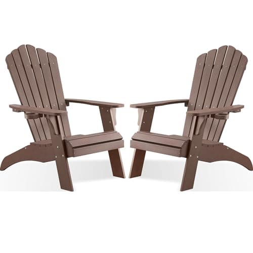 Psilvam Adirondack Chair, Oversized Poly Lumber Fire Pit Chair with Cup Holder, 350Lbs Support Patio Chairs for Garden, Weather Resistant Adirondack Chair Looks Like Real Wood (2, Brown)
