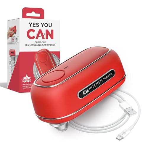 Kitchen Mama Orbit One Rechargeable Electric Can Opener: Hands-free, USB-C Charging, Automatic Stop, Smooth Edge, Safety, Blade for Large Cans, Heavy Duty, Soda Can and Pop Can, with Storage Box (Red)
