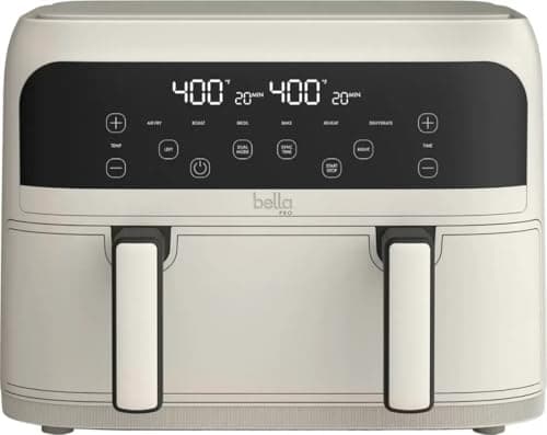 bella-Pro 4-Qt Touchscreen Air Fryer, Dual Basket, BPA-Free, Nonstick Ceramic, Family-Sized, 6 Cooking Functions, 1800W Power, Dishwasher-Safe, Oil-Free Cooking, Compact Design, Modern Oatmilk Finish