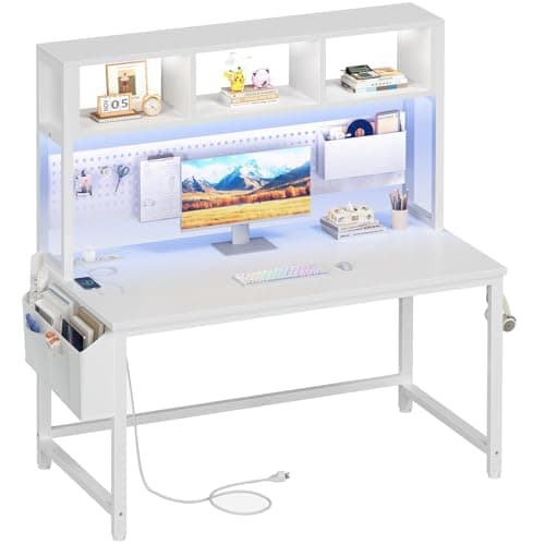 White Gaming Desk with Hutch and Pegboard - Computer Desk with Hutch, Power Outlet, 47 Inch Art Desk with Storage, Hooks, RGB and Side Bag, Writing Modern Study Teen Desks for Girl Bedroom Home Office