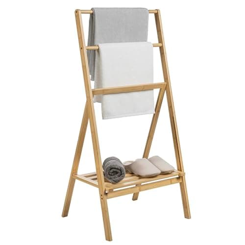 MyGift 3 Tier Free Standing Towel Rack for Bathroom, Pool Outdoor, Foldable Blanket Ladder with Storage Shelf, 43" H Bath Towel Holder Organizer Drying Rack, Light Brown Solid Bamboo Quilt Rack