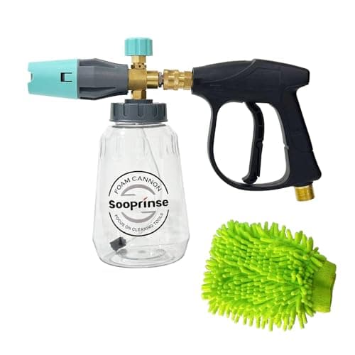 Sooprinse Short Pressure Washer Gun With Foam Cannon, High Pressure Snow Foam Lance, 1/4 Inch Quick Connector, Power Washer Blaster, Car Wash Mitt, 3000 PSI, 1 Liter