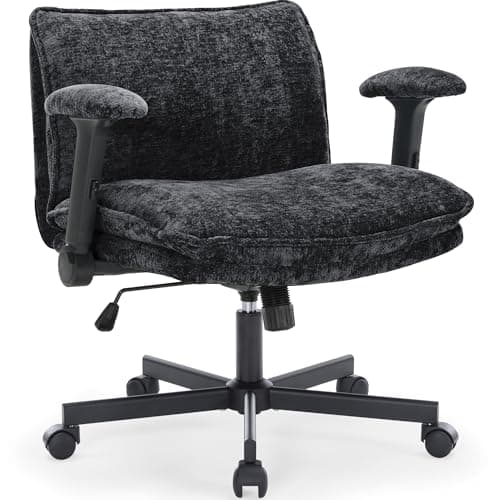 FanciSpot Cross Legged Office Chair with Wheels and Adjustable Flip-Arms, Criss Cross Desk Chair with Thick Cushion, Wide Seat Office Chair for Home Office, Apartment, Bedroom, Black