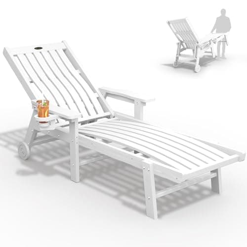 THOEOE Patio Chaise Lounge Chair, Oversized Lounge Chair Outdoor with 5 Positions, HDPE, Patio Lounge Chair with Wheels & Cup Holder for Pool, Deck, Poolside,White