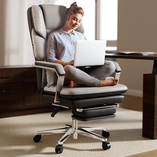 SeekFancy Reclining Office Chair with Footrest, Big and Tall Office Chair 500lbs with Wide Seat and Lumbar Support for Heavy People, High Back, PU Leather, Grey