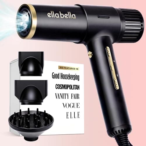 ELLA BELLA® Ionic Salon Hair Dryer with Diffuser • Negative Ion Blow Dryer • for All Hair Types • Intelligent Heat & Speed Control • Lightweight & Low-Noise Design • Rapid Drying & Precision Styling
