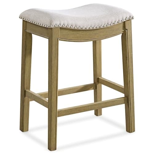 ROME + OAK Parker 26 Inch Counter Stool, Backless Saddle Kitchen Barstool in Natural Wood Finish with Wheat Cream Fabric Upholstery Cushion Seat