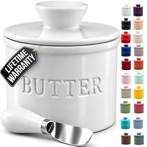Zulay Kitchen Bell Shaped Butter Crock with Lid for Countertop with Water Line & Spreader Knife, Ceramic French Butter Dish Keeper For Fresh, Soft & Spreadable Butter - White